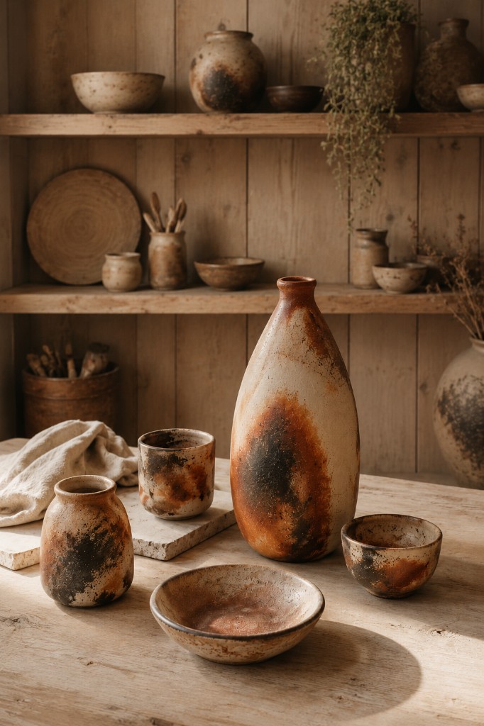 Handmade pottery pieces in the studio